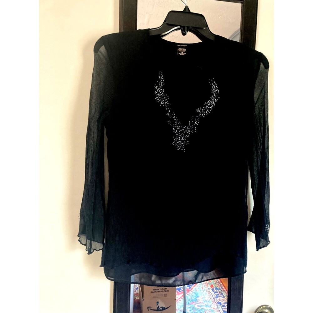 Anne Carson Women’s Top Medium Silk Black Beaded Lined Sheer Sleeves Excellent